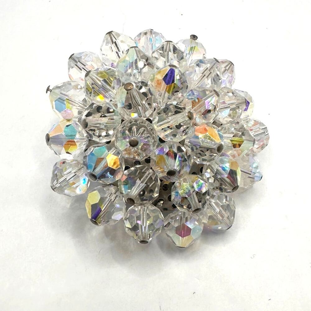 Beaded Brooch Aurora Borealis AB Clear Faceted Beads Retro Vintage Jewelry